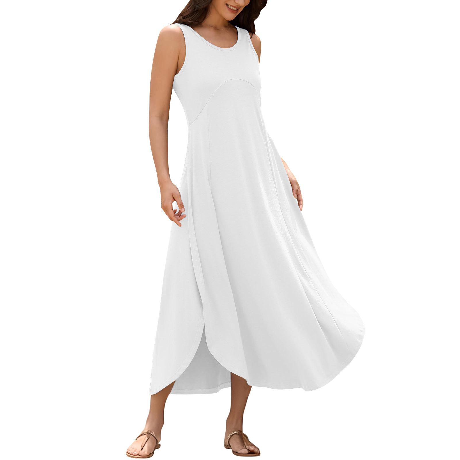 Women s Fashionable Loose-Fit Round Neck Sleeveless Asymmetric Patchwork Dress XL белый