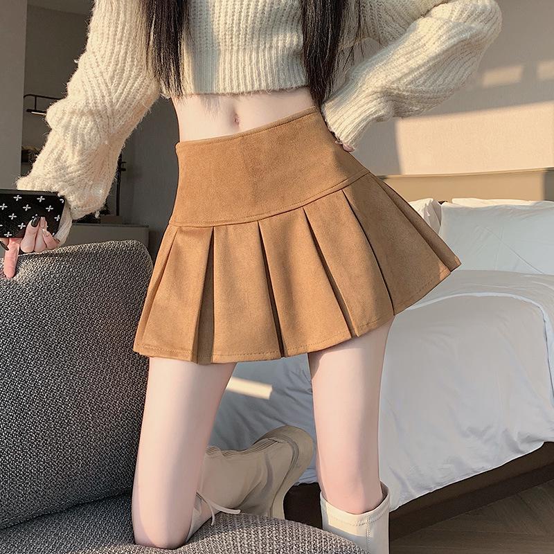Women's High Waist Suede Pleated A-line Skort - Autumn/Winter Casual Slimming Leather-Look Anti-Exposure Design