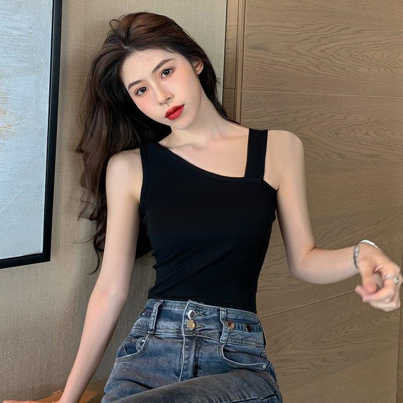 

Женские летние майки с нерегулярными рукавами, жилет из ледяного шелка, короткие подтяжки без рукавов, наклонные плечи, однотонный черный цвет