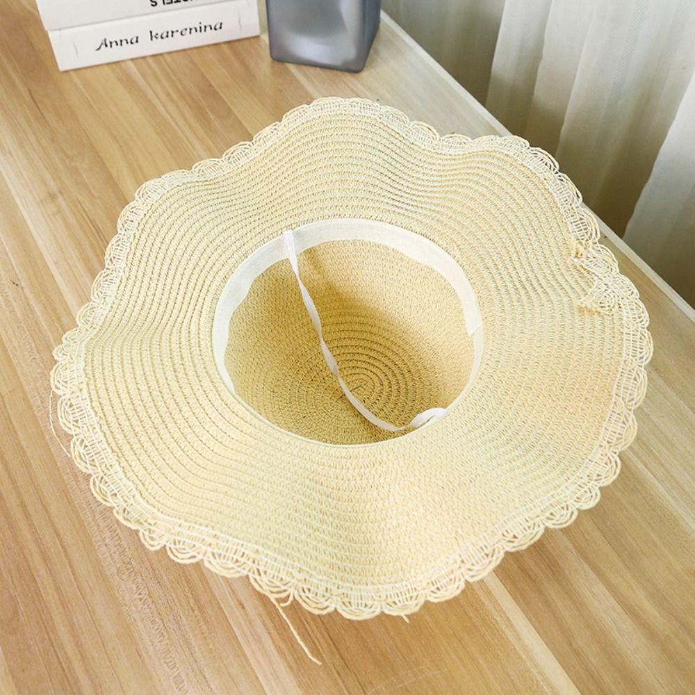 French Style Pearls Strap Straw Hat Wide Brim Women's Sun Hat Ins Folding Straw Hats  Girls