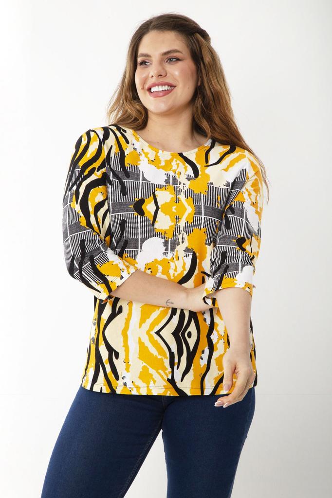 Bluză de damă mărime mare mărime plus colorată din țesătură de bumbac mânecă capri cu model în față