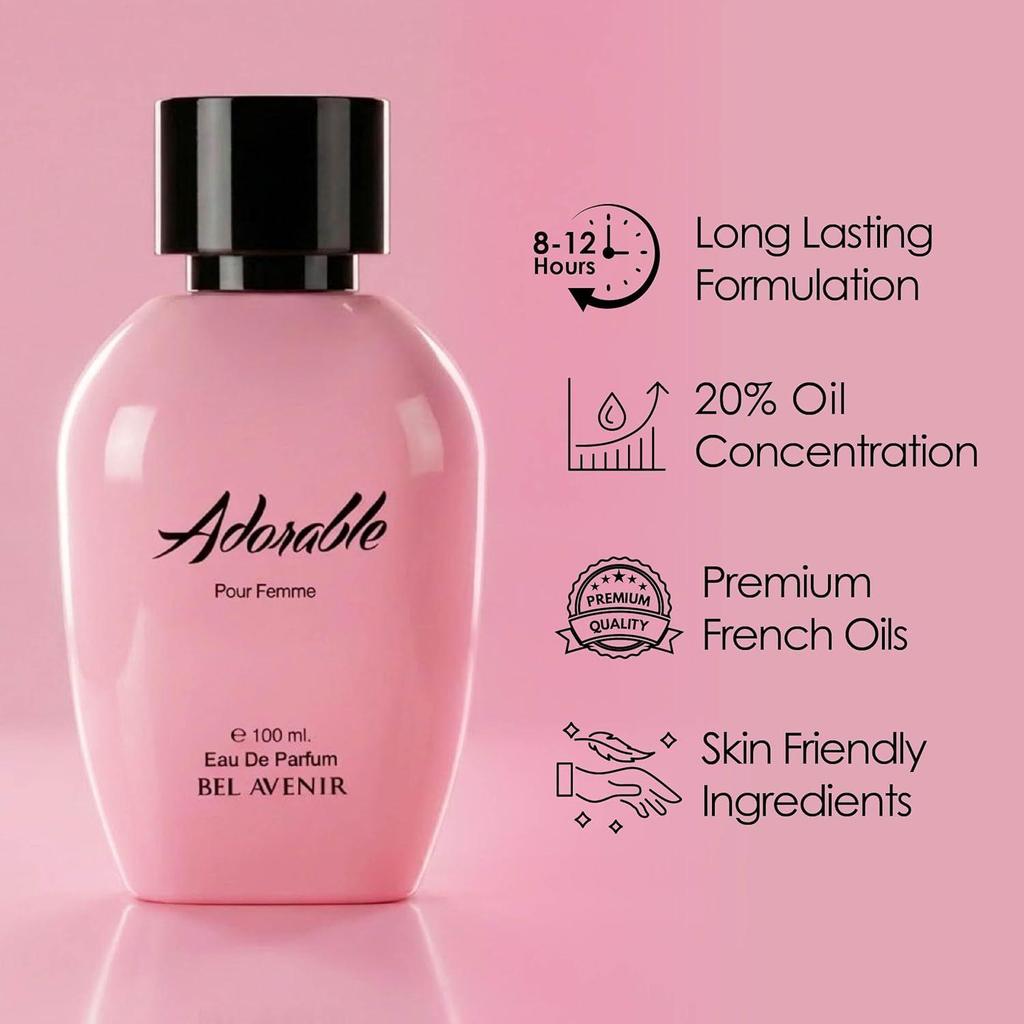 Bel Avenir Adorable Perfume for Women | Long Lasting Perfume | Floral & Fruity Scent | Daily & Evening Fragrance | Gift for Women | Eau De Parfum