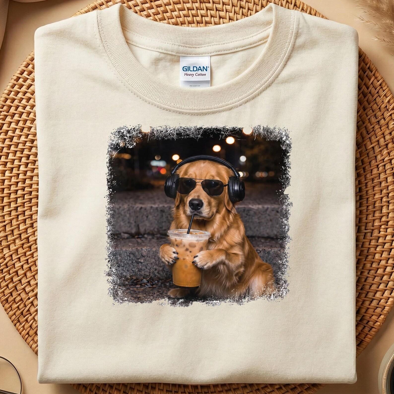 Cool Golden Retriever Boba Tea T-Shirt, Funny Dog Headphones Shirt, Golden Retriever Lover Gift, Cute Dog Coffee Tee XL