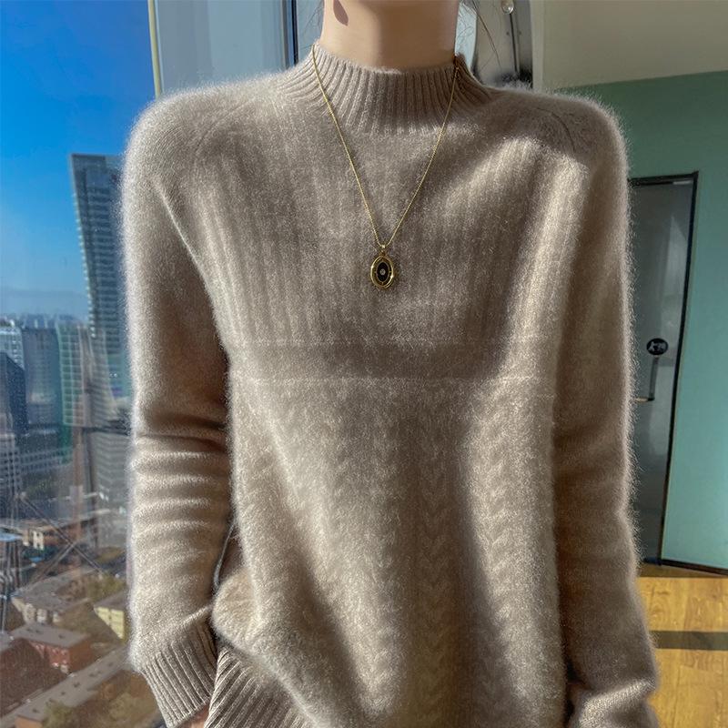 Women's Korean Style Wool Cable Knit Sweater - Thick Half-High Neck Base Layer for Autumn/Winter 2025