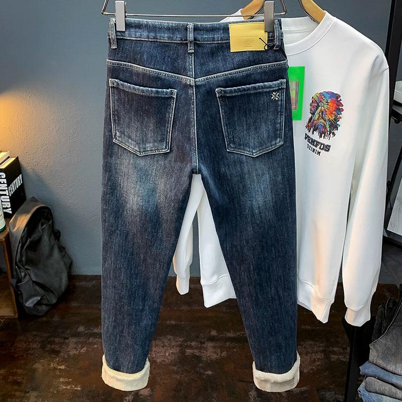 High-End Fleece-lined Thick Soft Leisure Warm Jeans Men2024Winter Slim Fit Micro Harem Tappered Pants
