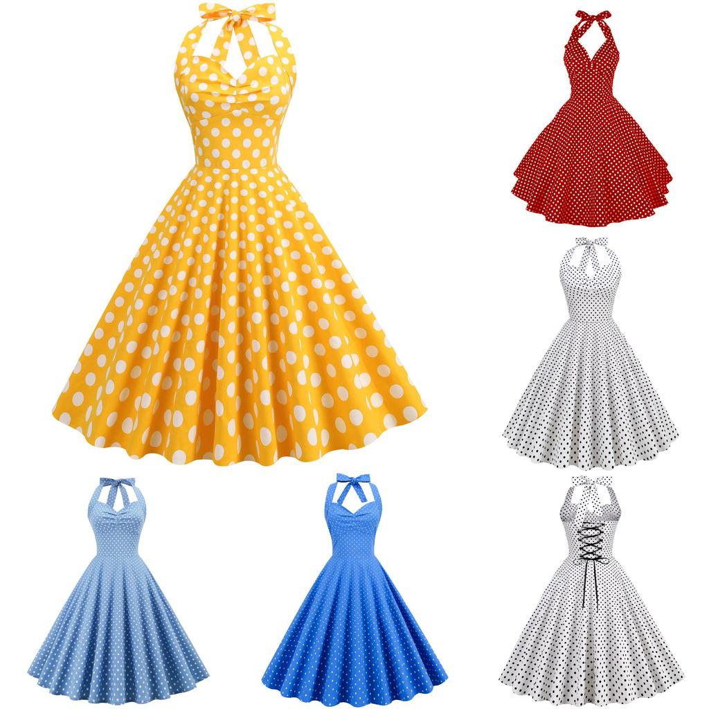 Vintage Polka Dot Cotton Blend Sleeveless Dress With Tie Waist For Casual And Party Wear
