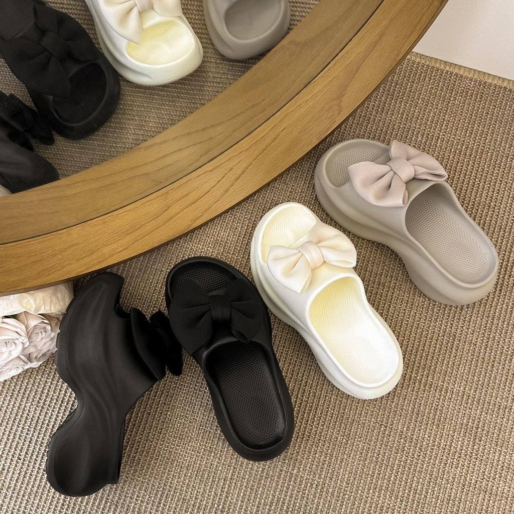 Height-increasing platform casual beach shoes 2025 summer and autumn new French fashion bow one-word slippers women's outer wear