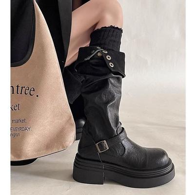 Fashion Women's Platform Motorcycle Boots Buckle Strap Thick-soled Boots Feamle New Black PU Leather Western Knight Botas Mujer