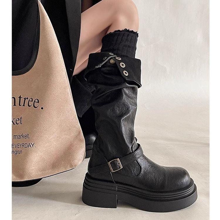 Fashion Women's Platform Motorcycle Boots Buckle Strap Thick-soled Boots Feamle New  Black PU Leather Western Knight Botas Mujer