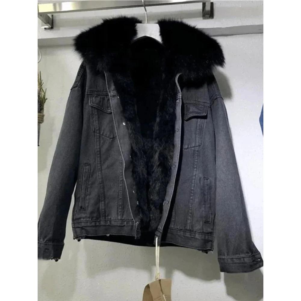 Zimný Dámsky Teplý Základný Kabát Veľký Kožušinový Golier Džínsová Bunda Dámska Chladná Motorkárska Bunda Vrchné Odevy Flísový Hrubý Ležérny Kabát