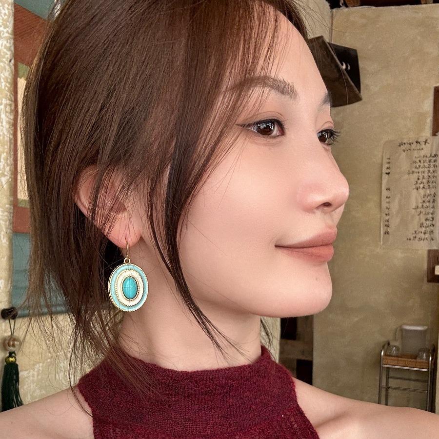 French Retro Oval Turquoise Enamel Earrings & Necklace with Natural Stone