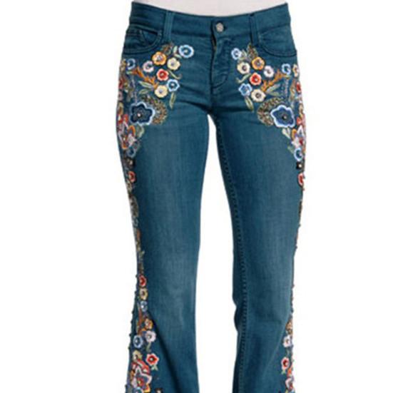 Women Jeans Washed Flower Embroidered Long Slim Fit High Waist Match Top