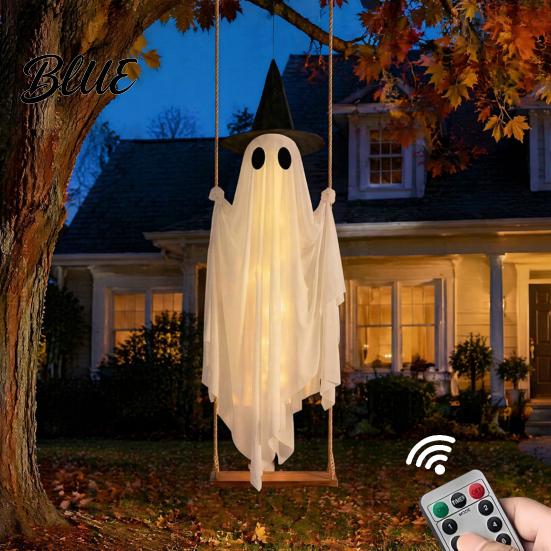 Animierte Halloween-Hoffiguren Leuchtendes Hängendes Schaukelgeister mit Hexenhut Fernbedienung Verstellbar Einfache Montage Requisiten Helligkeit Fliegend