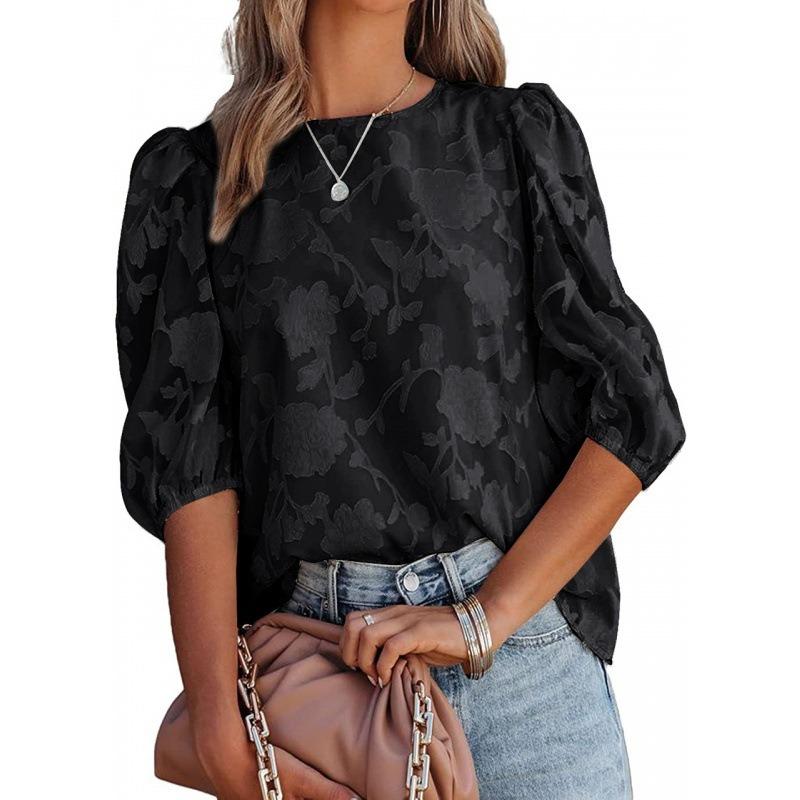 Frühling und Sommer Neues Damen Chiffon Hemd Florale Puffärmel Modisches Rundhals Lockeres Oberteil