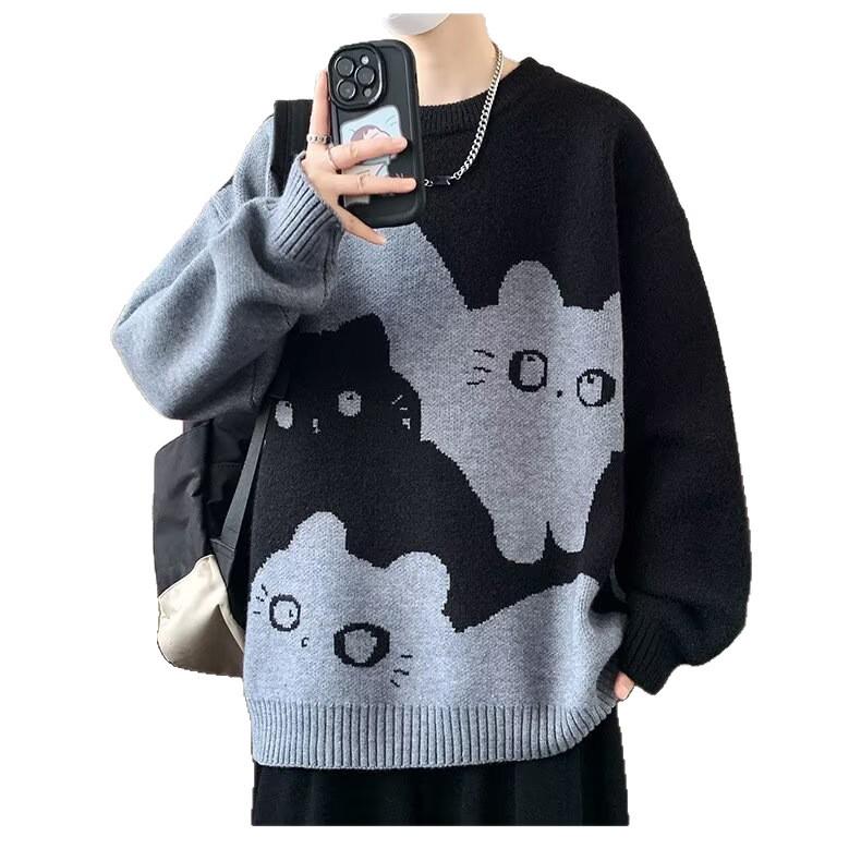 Men's College-Style Thick Knit Sweater with Velvet, Autumn/Winter Cozy Loose Fit