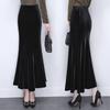 Fustă elegantă din catifea aurie, model sirenă: Design de toamnă/iarnă, lungime medie, subțietor, acoperă șoldurile