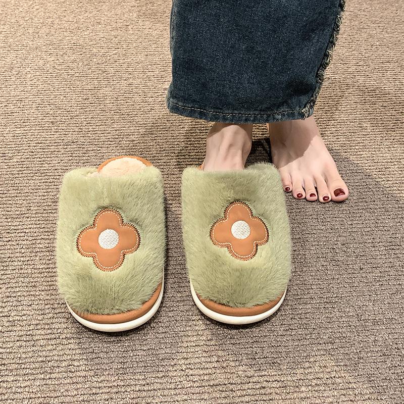 

Мода 2024 года, новые осенне-зимние женские повседневные однотонные плюшевые хлопковые тапочки с цветочным узором 40-41 зелёный
