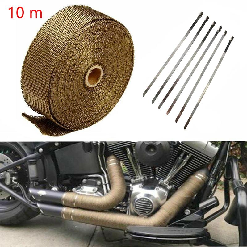 10M Motorcycle Exhaust Pipe Heat Wrap Tape Exhaust Header Wrap High-Temperature Insulation Tape With Stainless Steel Zip Ties