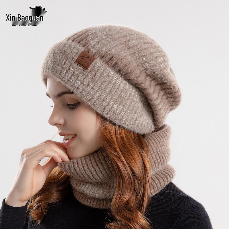 North American Women's Winter Two-Piece Set: Two-Color Knit Hat & Velvet Scarf, Warm Ear Protection