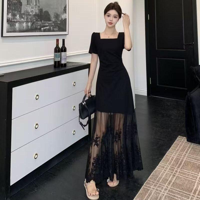 Summer Black Mesh Splicing Square Neck Dress for Women, Sexy Waist and Thin Temperament, Slim and Big Swing Dress