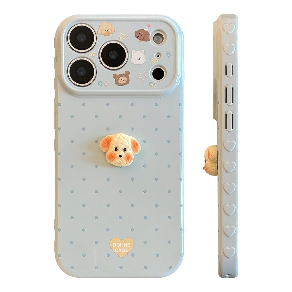 3D Cartoon Puppy Korean Polka Dots Soft Phone Cases for iPhone 17promax 17pro 17 16 15 14 13 Pro Max Shockproof Protective Cover
