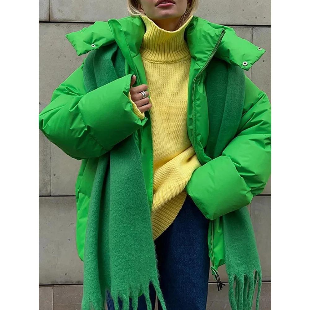 Fashion Thicken Hooded  Down Cotton Jacket for Women Long Sleeve Snow Coat Warm High Street Loose Parkas Oute