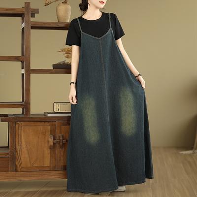 DIMANAF Women New Plus Size Summer Dress Denim Sleeveless Dress Loose Blue Basic Dresses Vintage