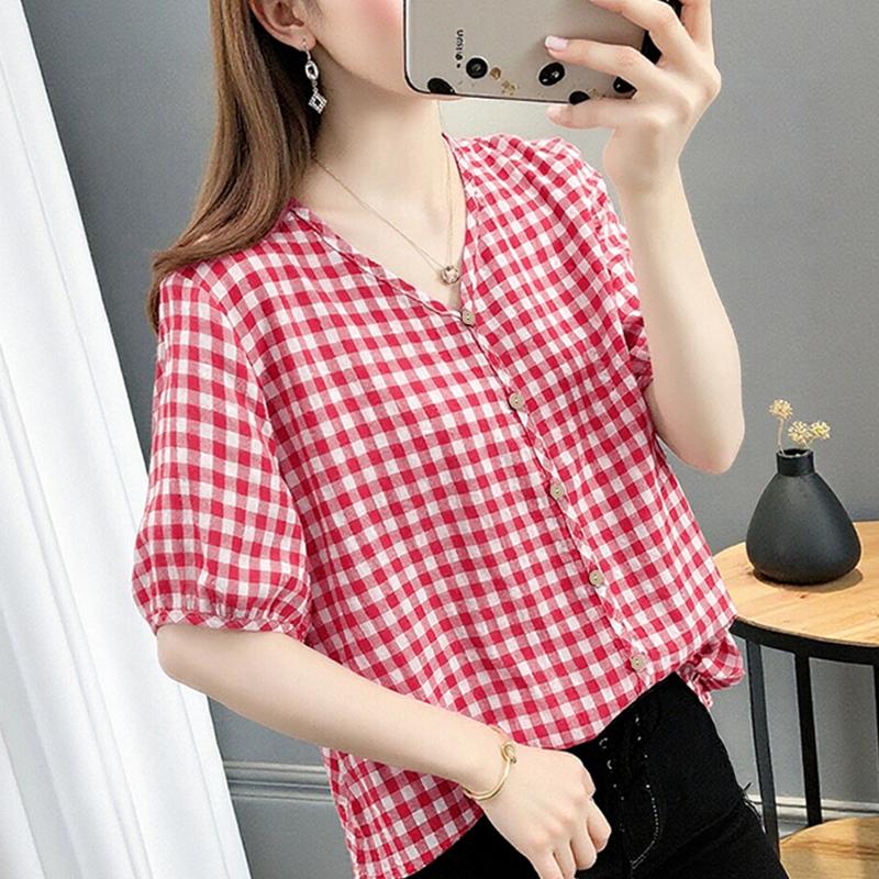 ZANZEA Women Casual V-Neck Loose Half Sleeve Plaid Print Blouse S красный
