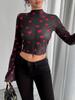 New Women's Chiffon Printed Crew Neck Bell Sleeve Long Sleeve T-Shirt