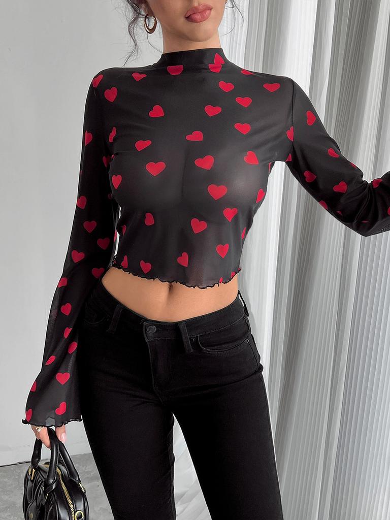 New Women's Chiffon Printed Crew Neck Bell Sleeve Long Sleeve T-Shirt