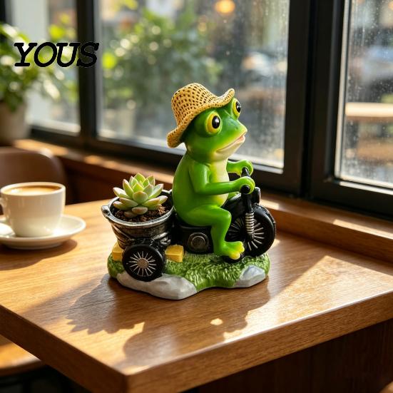 Handcrafted Resin Frog Figures Cycling Figurine, Creative Flowerpot, Garden Statue, Weather Resistant Accessories for Plant Pots Succulents Pot, Micro