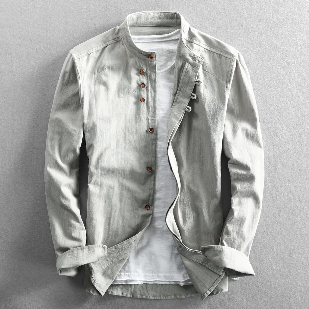 Men's Casual Cotton Linen Shirts Long Sleeve Men Slim Mandarin Collar Shirts