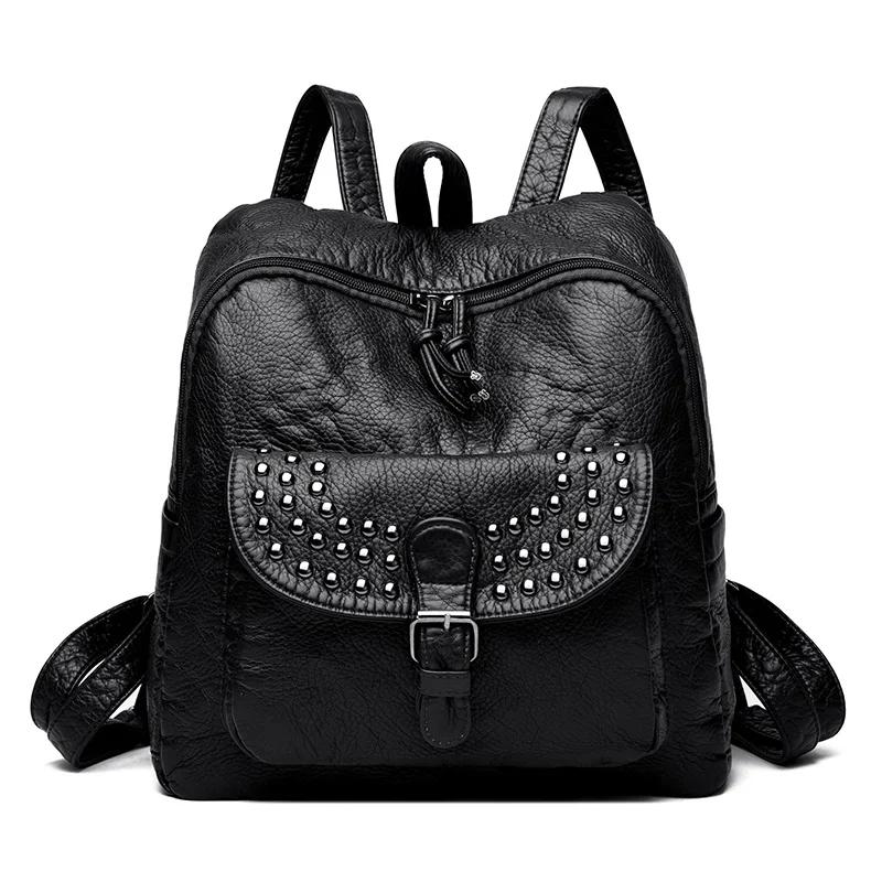 2025 Soft Leather Women Backpacks Rivet Multifunctional Shoulder Bags Female Retro Travel Teenage Girl Fashion Schoolbag