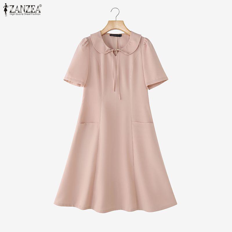 ZANZEA Women Casual Doll Collar Summer Short Sleeve Long Dress