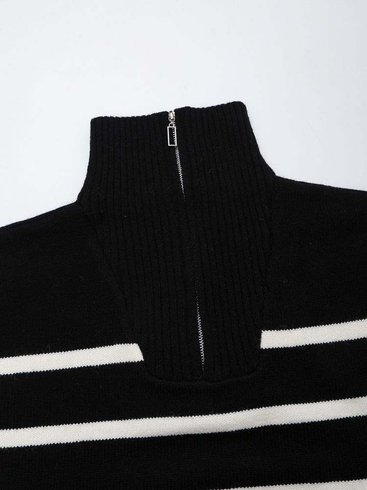 Autumn/Winter Color Block Striped Zip-Up Sweater - Long Sleeve Fashion for Europe & America