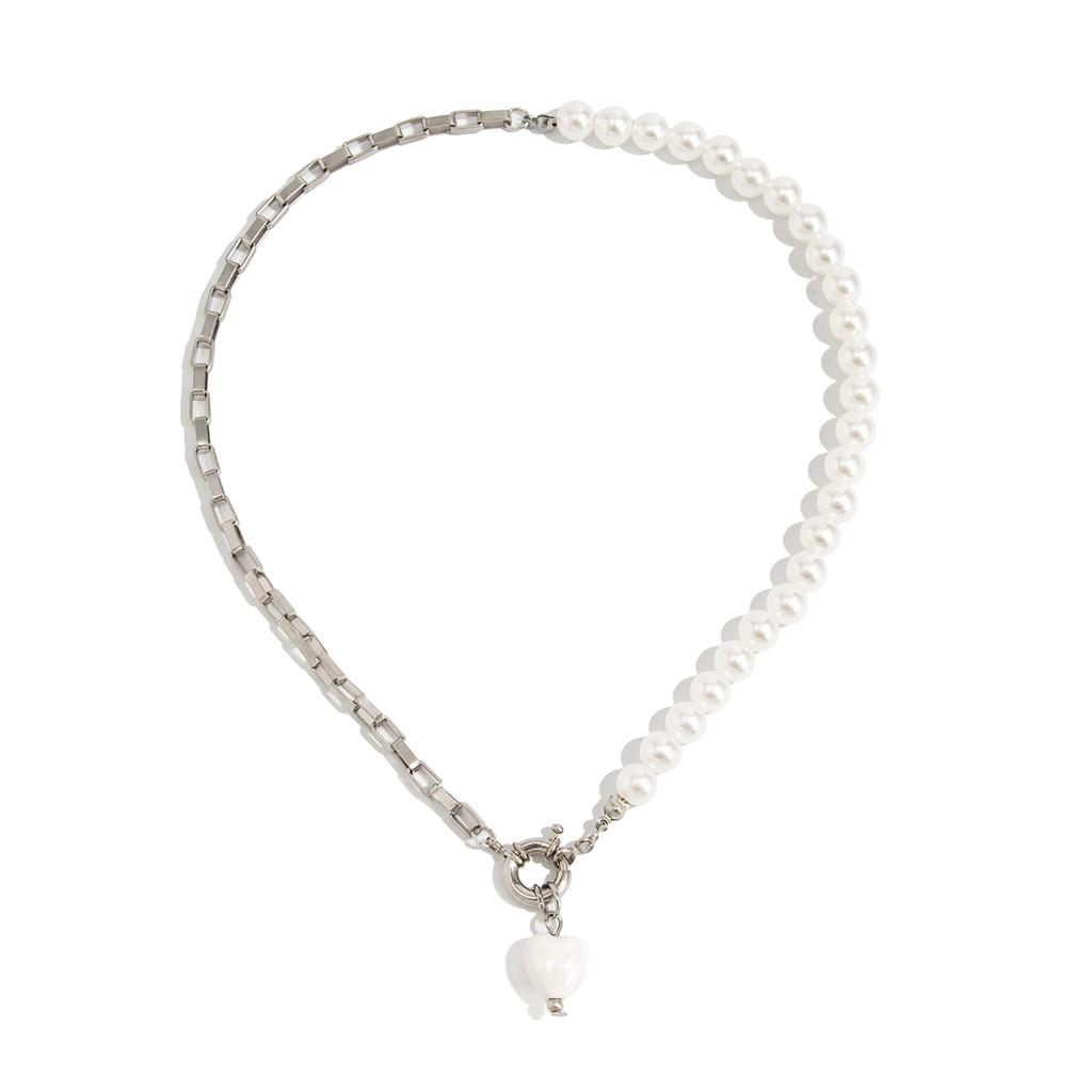 Salircon Vintage Elegantes Imitation Perle Keramik Herz Anhänger Halskette Damen Hochzeit Braut Kette Hals Zubehör Schmuck Geschenk