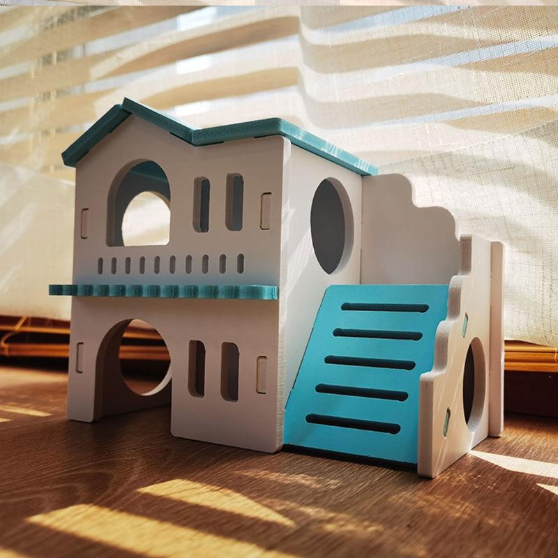 Wooden Hamster Deluxe Double Deck Villa Natural Living Hideout Hut Toy Small Animal Chew Toy for Hamster Cage