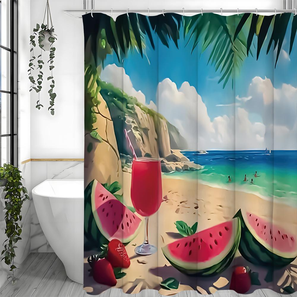Summer Ocean Watermelon Plant Shower Curtain, Bathroom Decorative Shower Curtain, Waterproof Shower Curtain with Hooks
