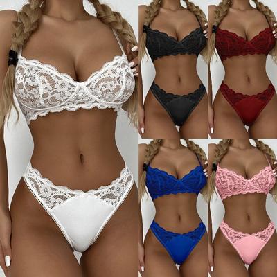 Women Two Piece V-Neck Lingerie Set Sexy Lace Spaghetti Strap Bra Top and G String Underwear Casual Briefs Pajamas Suit Panties Solid Colors