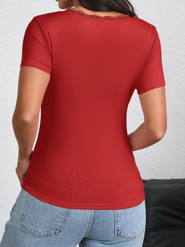 Womens Y2K Lace V Neck T Shirt Short Sleeve Slim Fit Going Out Top