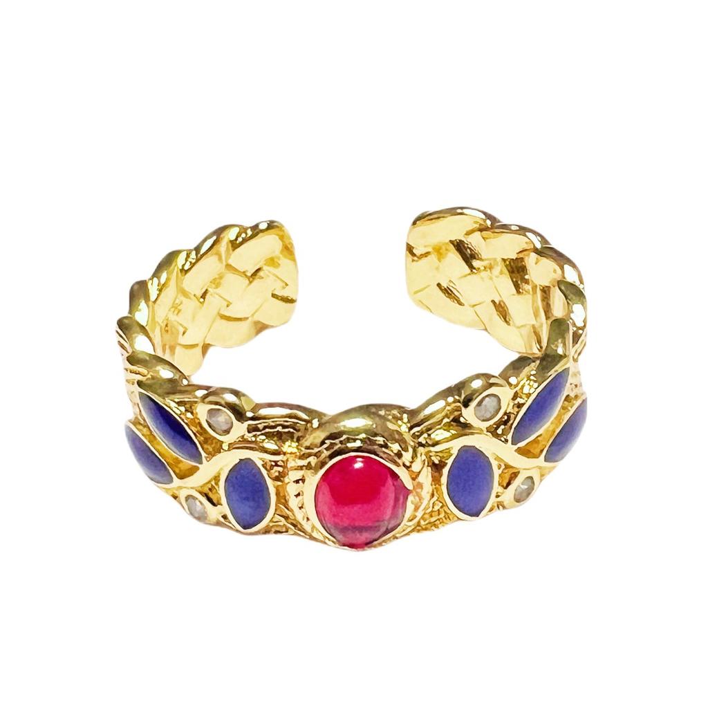 Gold Ethnic Style Retro Color Enamel Dripping Open Ring Fashion Pattern Medieval Exquisite High-End Ring
