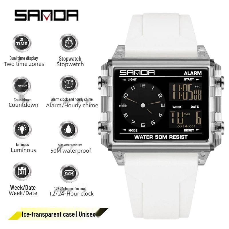 SANDA Men's Luminous Waterproof Sports Watch - Square Design with Multifunctional Countdown Timer