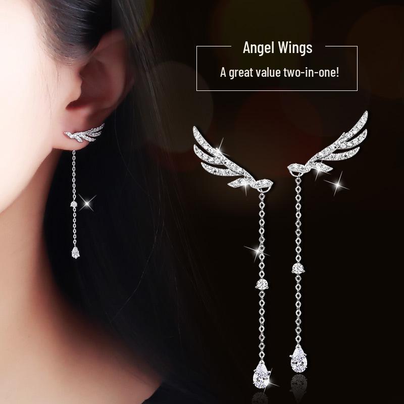 Rhinestone Crystal Angel Wings Tassel Stud Earrings - Fashionable Accessories