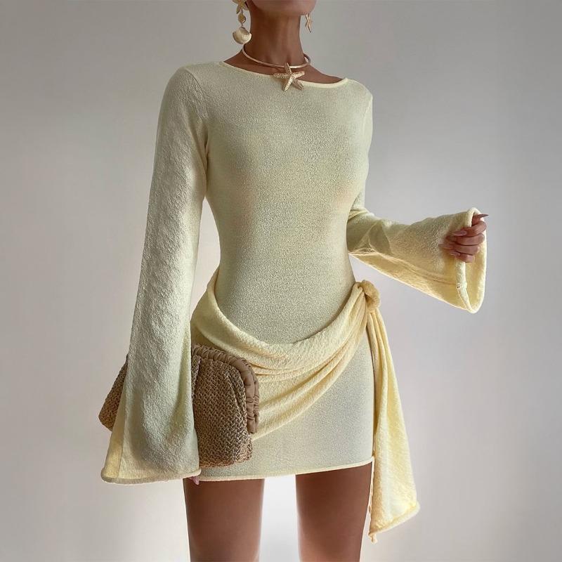Women's Fuzzy Knit Ruched Mini Dress Long Sleeve Tie Waist Bodycon Party Dresses