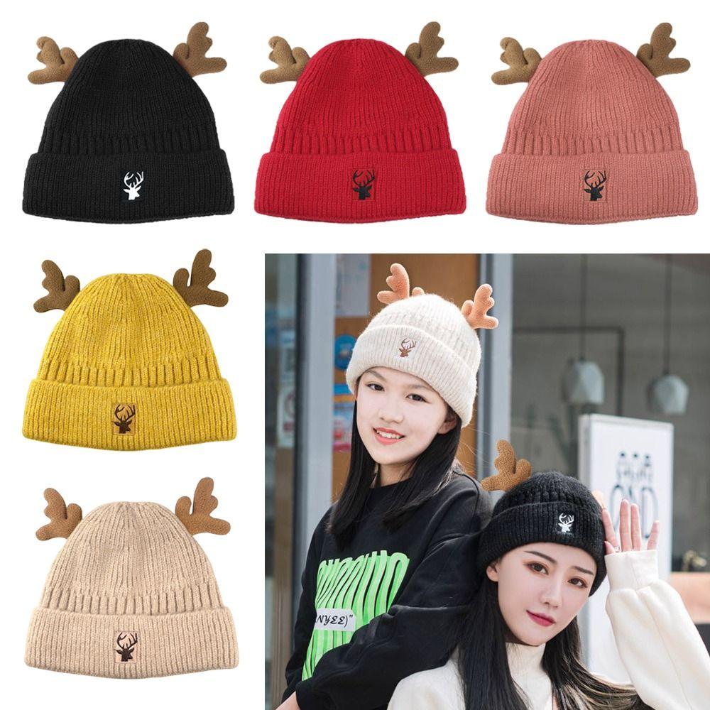 

Cute Antlers Winter Warm Knitted Hat Beanies Hats Ski Caps Female Beanie Caps