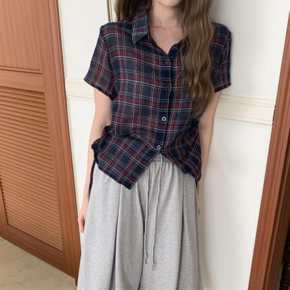 New ArrivalS Open Run Women S claSSic Check Color Block Strap Short Sleeve bluSe