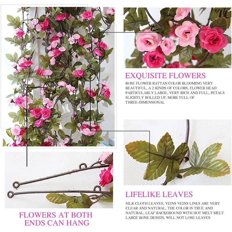 Rose Artificial Flowers Pink Silk Ivy Vine Hanging Garland Green Leaves With Flowers Decoration