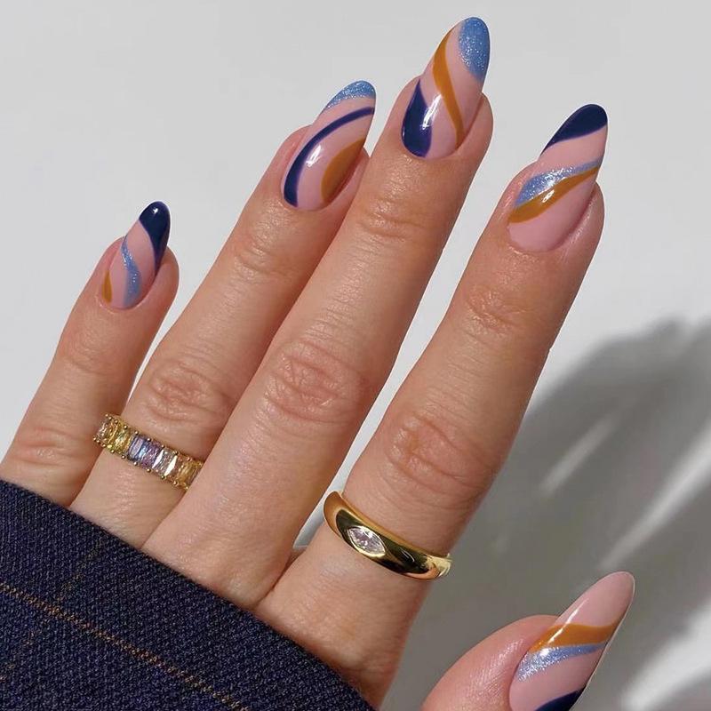 24 Pcs Almond Press On Nails Ballerina Colorful Ribbon Design Fake Nails With Glue Removable Nail Art Tips