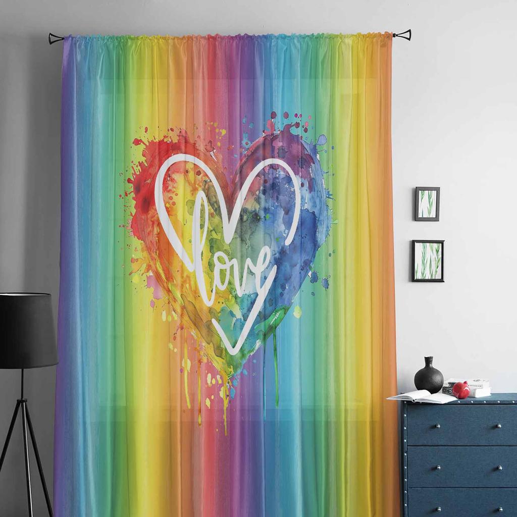 Regenbogen Aquarell Farbverlauf Handgezeichnetes Liebesherz Fenster Tüll Vorhänge für Wohnzimmer Hotel Luxus Dekoration Transparente Vorhänge
