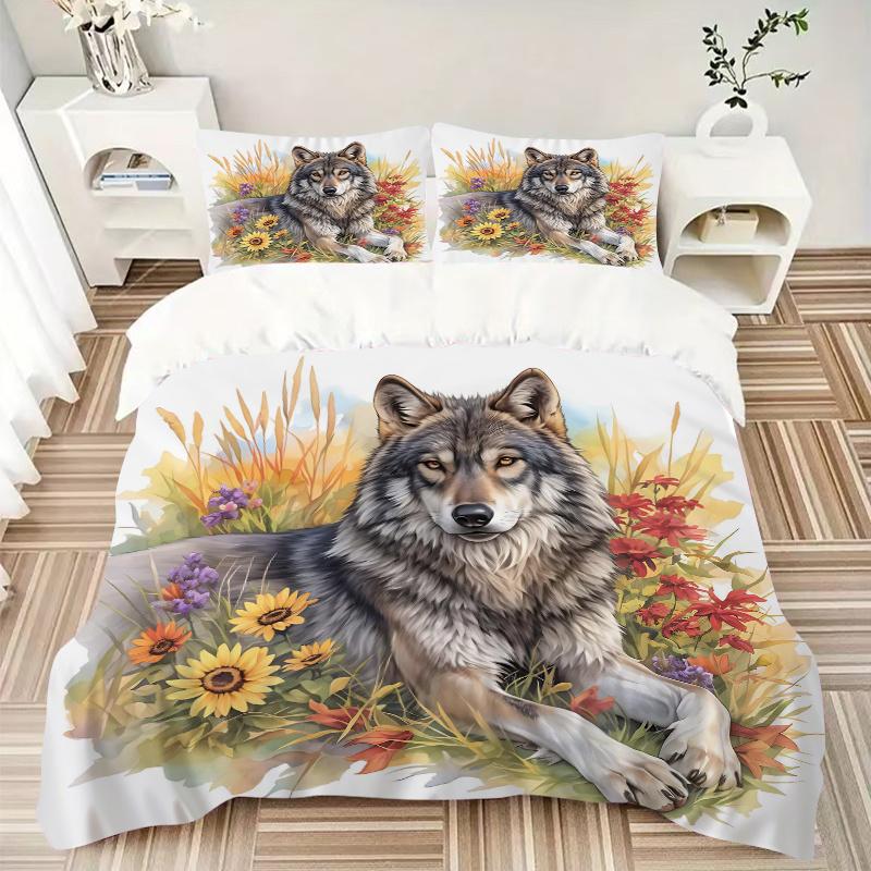 3pcs Gray Wolf Amidst a Field of Colorful Flowers Printed Duvet Cover Set (1 * Cover+2 * Pillowcase, Without Core), Suitable for Home Bedroom, Gu